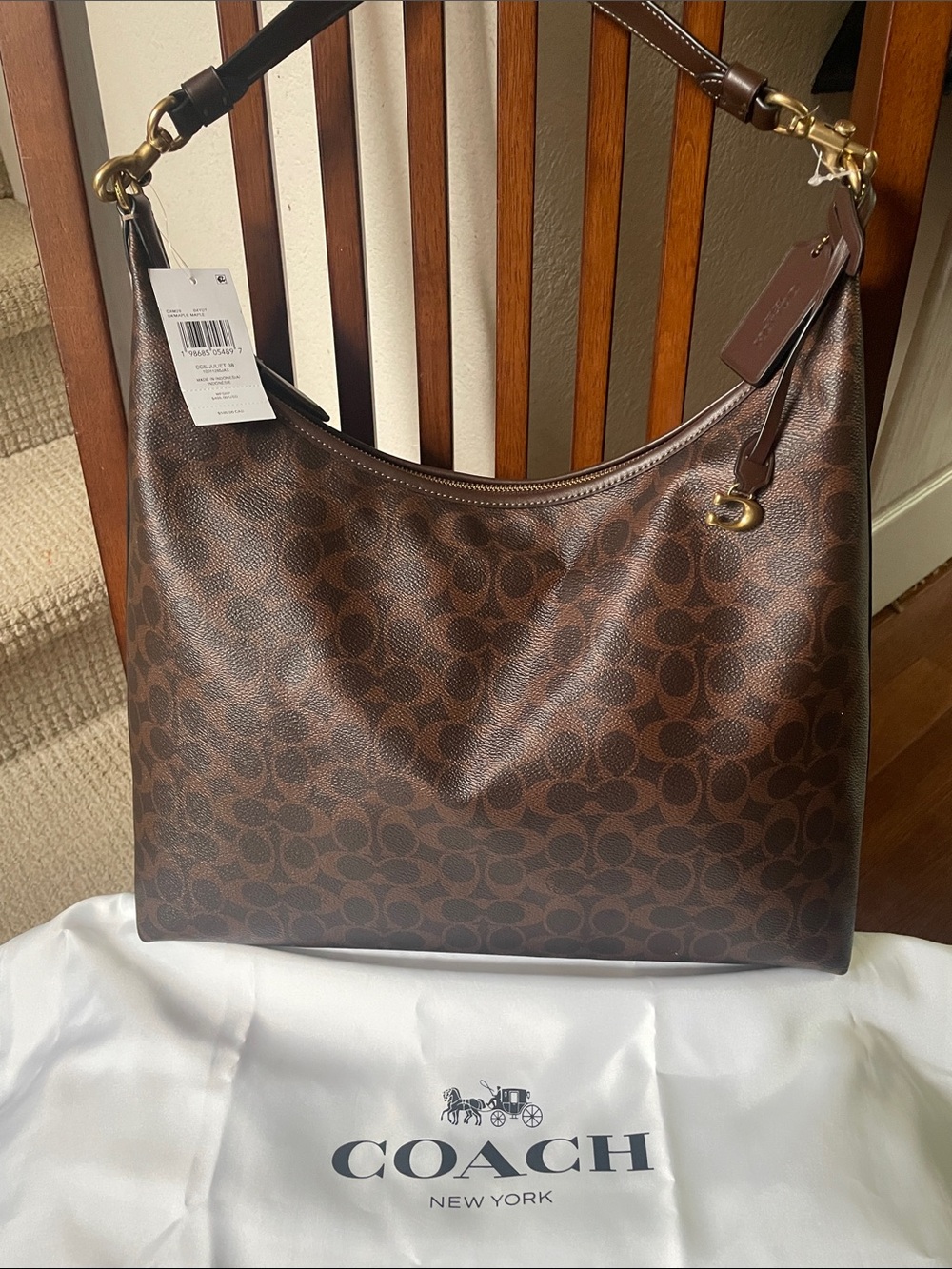 Coach Brown Signature Juliet 38 Crescent Shoulder Bag with Gold Hardware